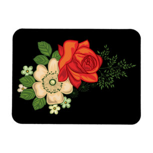 Red Rose and Daisies Black Background Magnet