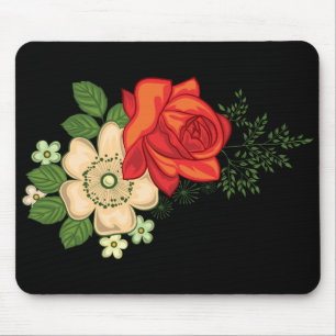 Red Rose and Daisies Black Background Mouse Pad