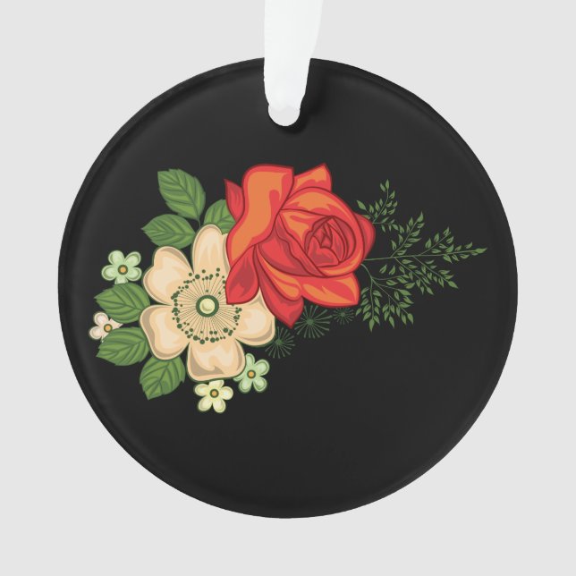 Red Rose and Daisies Black Background Ornament (Front)