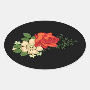 Red Rose and Daisies Black Background Oval Sticker
