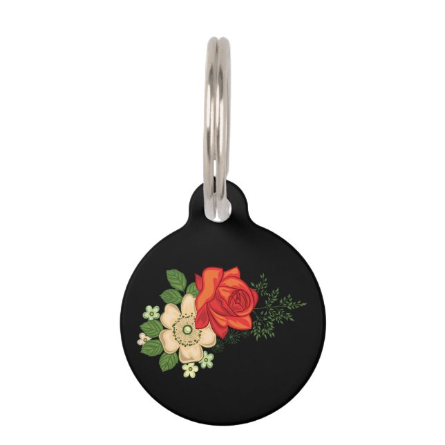 Red Rose and Daisies Black Background Pet Tag (Front)