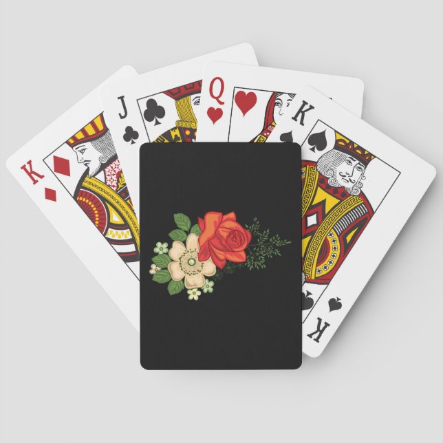 Red Rose and Daisies Black Background Playing Cards (Back)