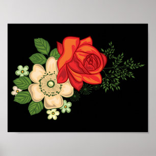 Red Rose and Daisies Black Background Poster