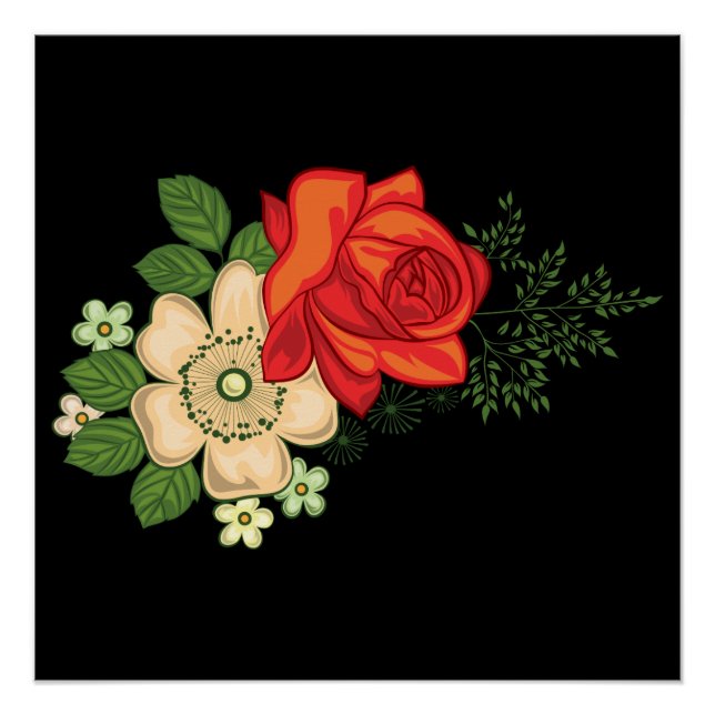 Red Rose and Daisies Black Background Poster (Front)