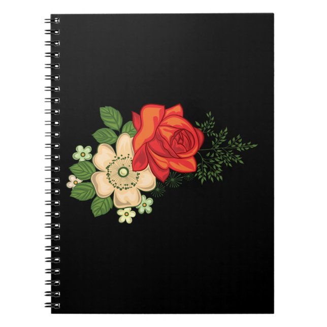 Red Rose and Daisies Black Background Spiral Notebook (Front)