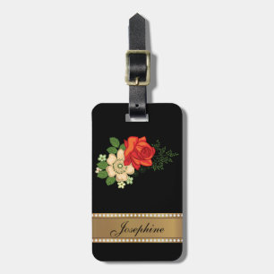 Red Rose and Daisies Gold Personalised Name Luggage Tag