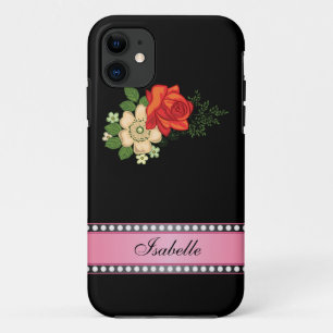 Red Rose and Daisies Pink Personalised Name iPhone 11 Case