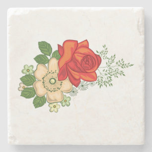 Red Rose and Daisies Stone Coaster