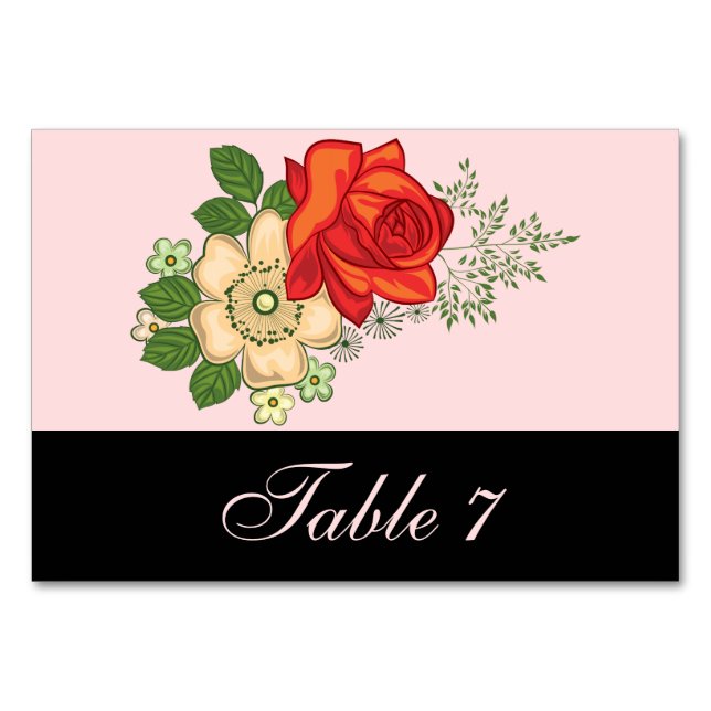 Red Rose and Daisies Wedding Black Table Number (Front)