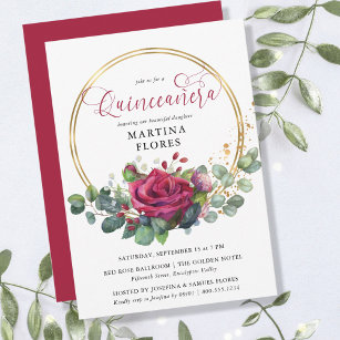 Red Rose and Eucalyptus Elegant Floral Quinceanera Invitation