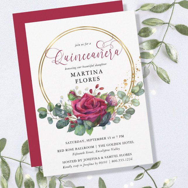 Red Rose and Eucalyptus Elegant Floral Quinceanera Invitation (Creator Uploaded)