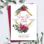 Red Rose and Eucalyptus Elegant Quinceanera Save The Date<br><div class="desc">Red Rose and Eucalyptus Quinceanera Save the Date - which you can easily modify to suit any occasion! The design features elegant calligraphy, rose flowers, eucalyptus leaves and greenery. The floral arrangement is set in a gold geometric diamond shaped frame. If you would like matching products, please browse my collection...</div>