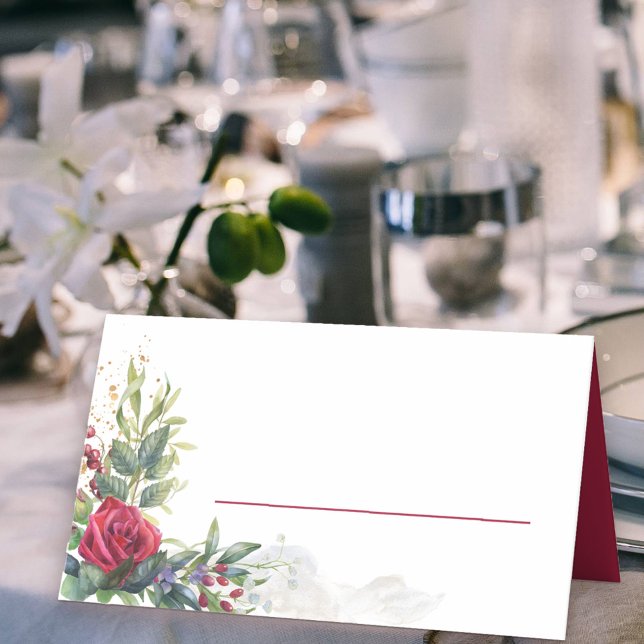Red Rose and Eucalyptus Leaves Place Card (Place Cards with red rose floral arrangement and space to write your guest's name)