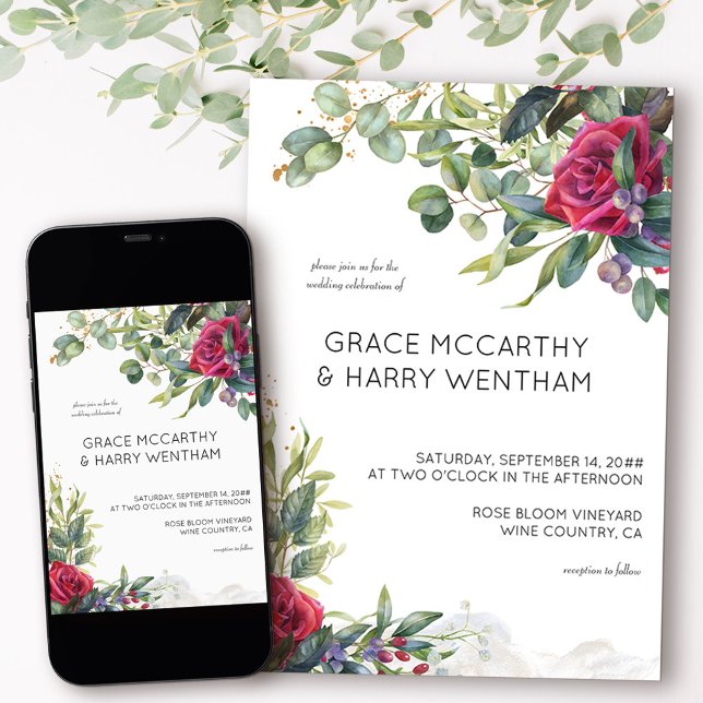 Red Rose and Eucalyptus Simple Modern Wedding Invitation (Floral wedding invitation from my Red Rose and Eucalyptus collection)