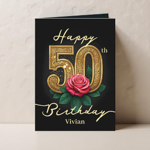 Red Rose and Gold Filigree Number 50th Birthday Card