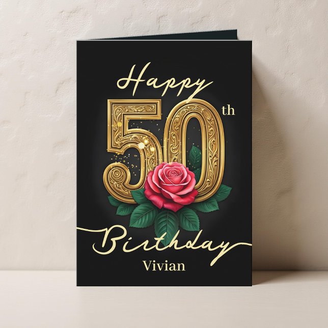 Red Rose and Gold Filigree Number 50th Birthday Card (Creator Uploaded)