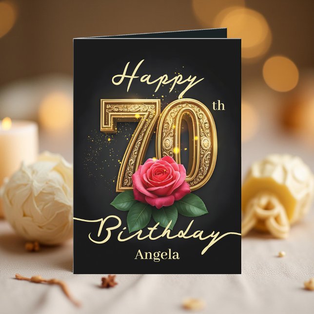 Red Rose and Gold Filigree Number 70th Birthday Card (Creator Uploaded)