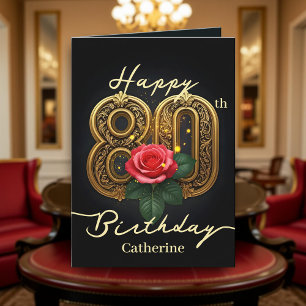 Red Rose and Gold Filigree Number 80th Birthday Card