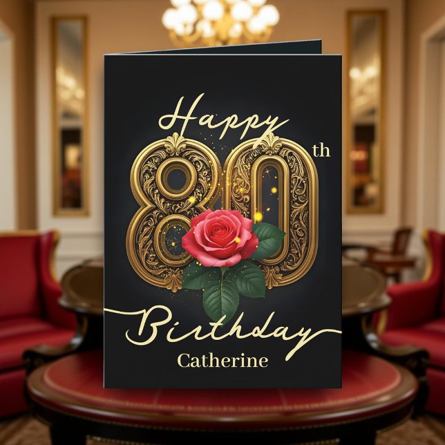 Red Rose and Gold Filigree Number 80th Birthday Card (Creator Uploaded)