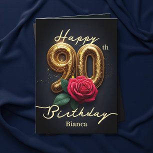 Red Rose and Gold Filigree Number 90th Birthday Card