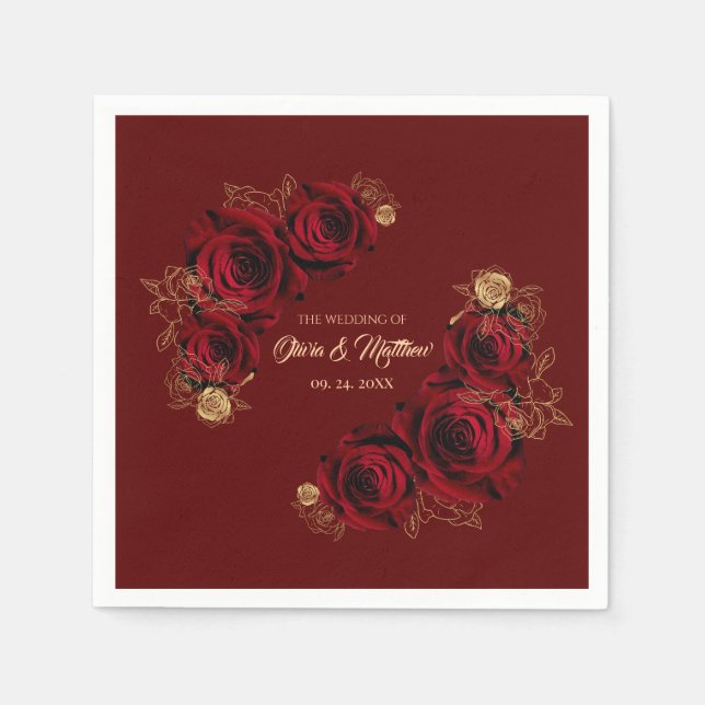  Red Rose and Gold Floral Wedding Napkin (Front)