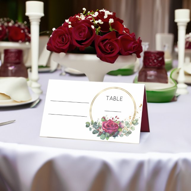 Red Rose and Gold Rings Wedding Table Place Card (Wedding Table place card from my Red Rose and Eucalyptus Wedding Collection)