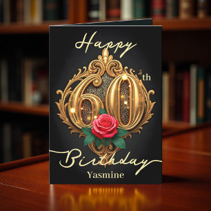 Red Rose and Gold Scrollwork Number 60th Birthday Card