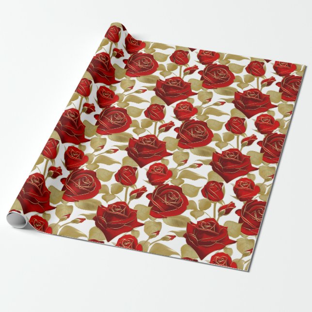Red Rose And Gold  Wrapping Paper (Unrolled)