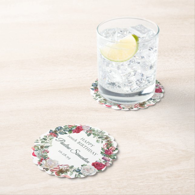 Red Rose and Holly 100th Birthday Elegant Paper Coaster (Insitu)