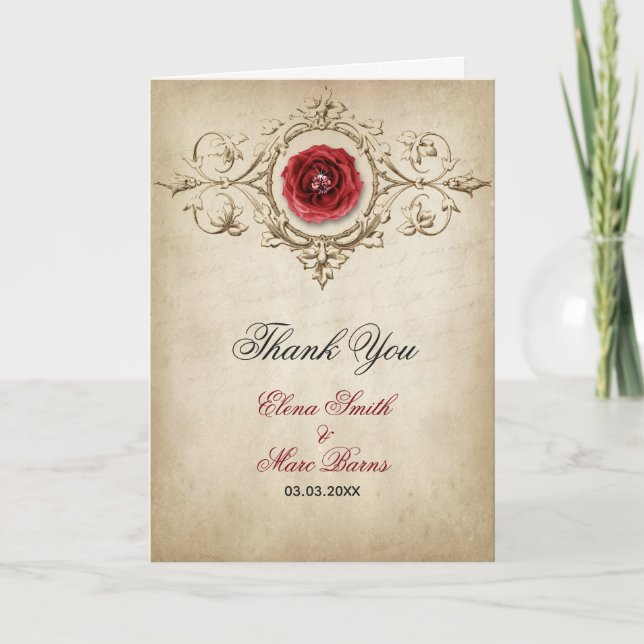 Red Rose And Ornament Thank You Card (Front)