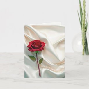 Red Rose and Pearls On Satin Thank You Card