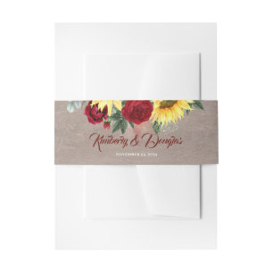 Red Rose and Sunflower Rustic Fall Wedding Invitation Belly Band