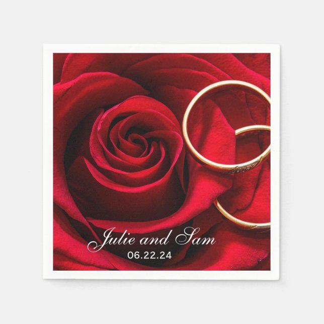 Red Rose and Wedding Rings Personalised Napkins (Front)