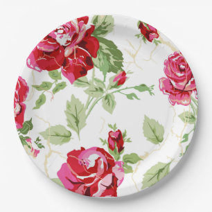 Red rose and white classic print paper plates