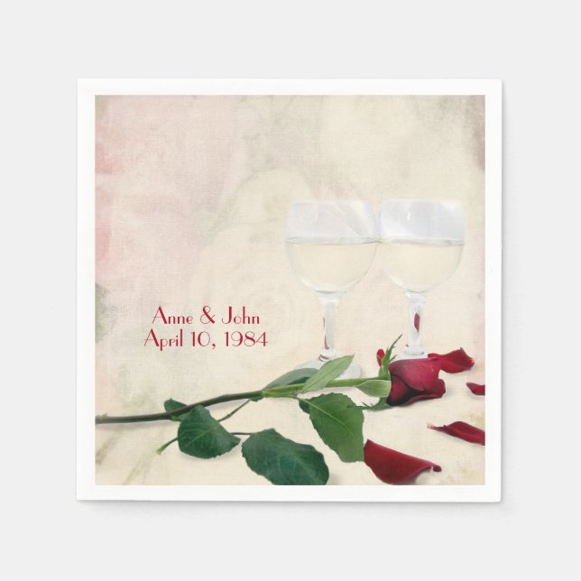 Red Rose and Wine Anniversary Party Napkin (Front)