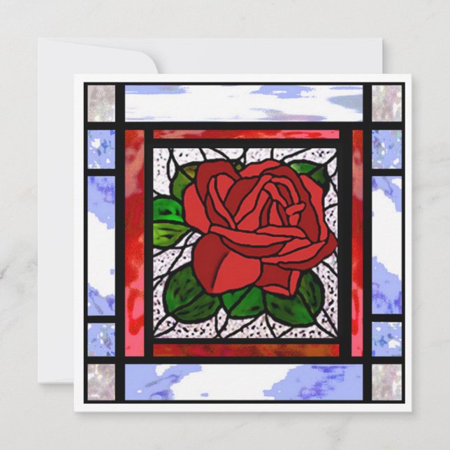 Red Rose Art Deco Blue Stained Glass Card (Front)