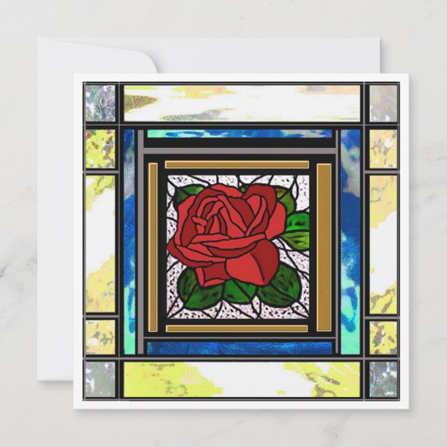 Red Rose Art Deco Teal Stained Glass Card (Front)