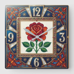 Red Rose Art Deco Vibrant Floral Square Wall Clock