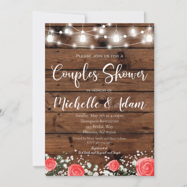 Red Rose Baby's Breath Couples Shower Rustic Invitation (Front)