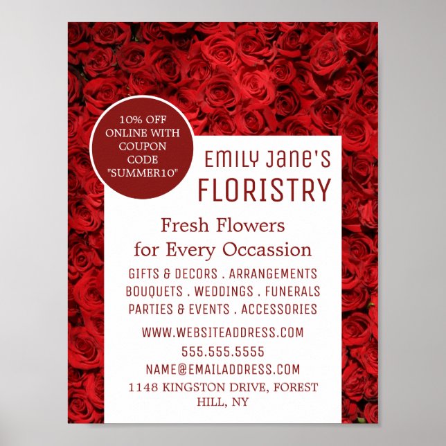 Red Rose Background, Floristry Advertising Poster (Front)