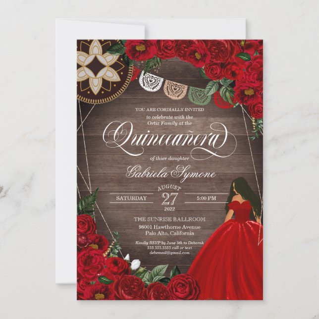 Red Rose Ball Gown Western Charro Quinceañera Invitation (Front)