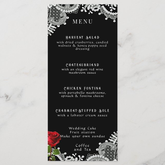 Red Rose Beautiful White Lace Wedding Menu (Front)