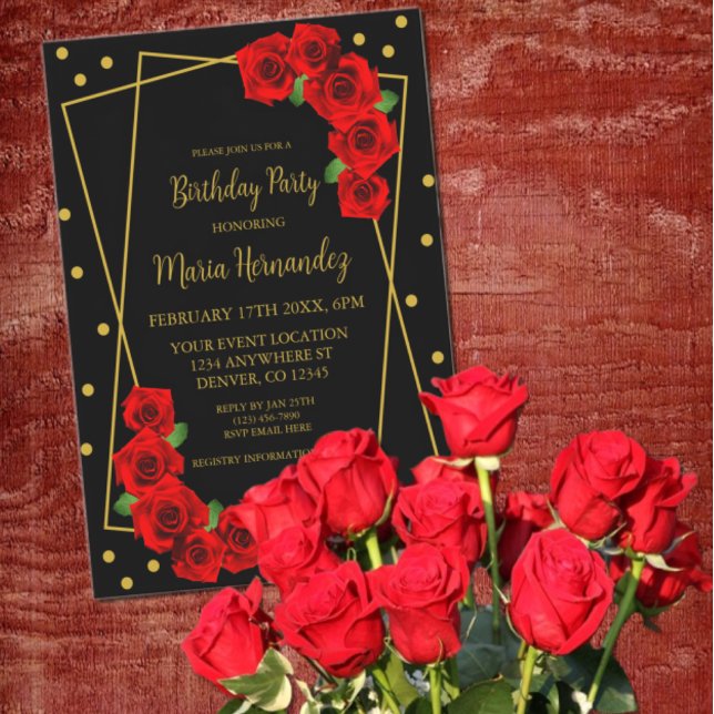 Red Rose Black and Gold Birthday Invitation (Creator Uploaded)