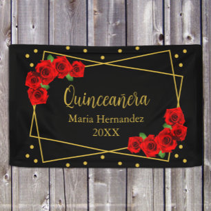 Red Rose Black and Gold Quinceañera Banner