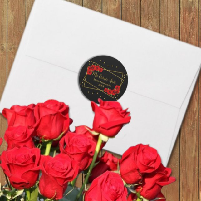 Red Rose Black and Gold Quinceañera Classic Round Sticker (Creator Uploaded)