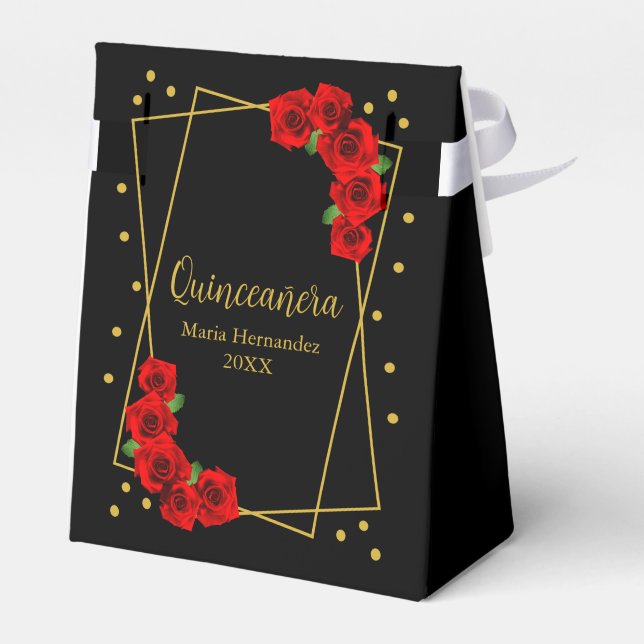 Red Rose Black and Gold Quinceañera Favour Box (Back Side)