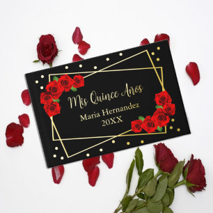 Red Rose Black and Gold Quinceañera Guest Book