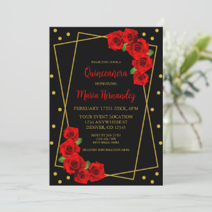 Red Rose Black and Gold Quinceañera Invitation