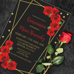 Red Rose Black and Gold Quinceañera Invitation