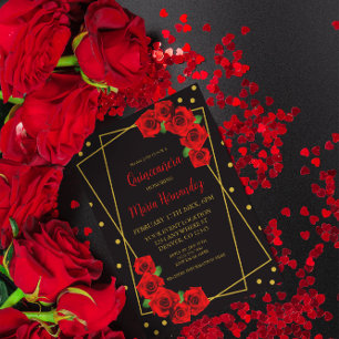Red Rose Black and Gold Quinceañera Invitation